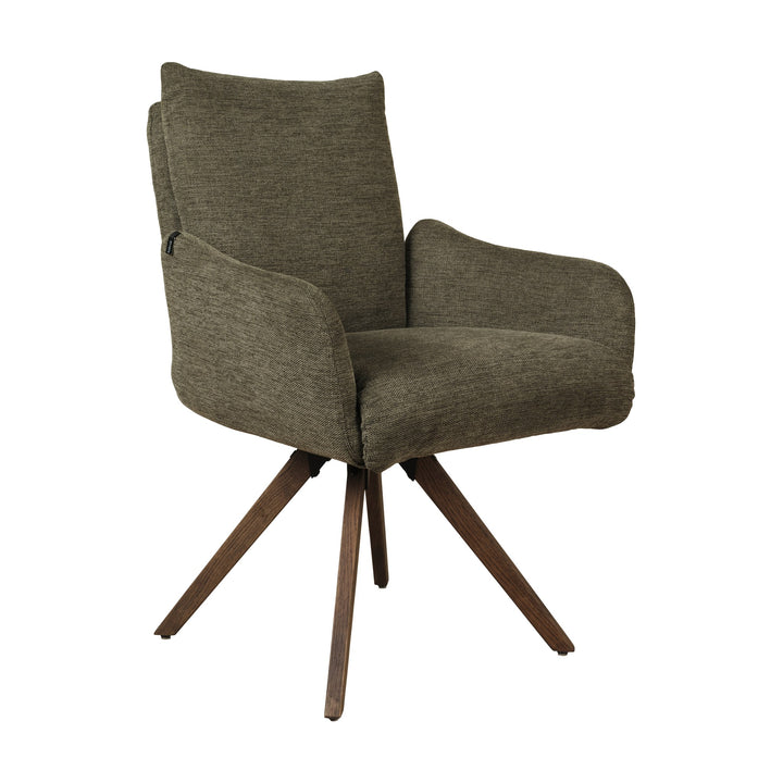 Hjort Knudsen 9263 spisestol i olivengrønn chenille med armlener og brune treben