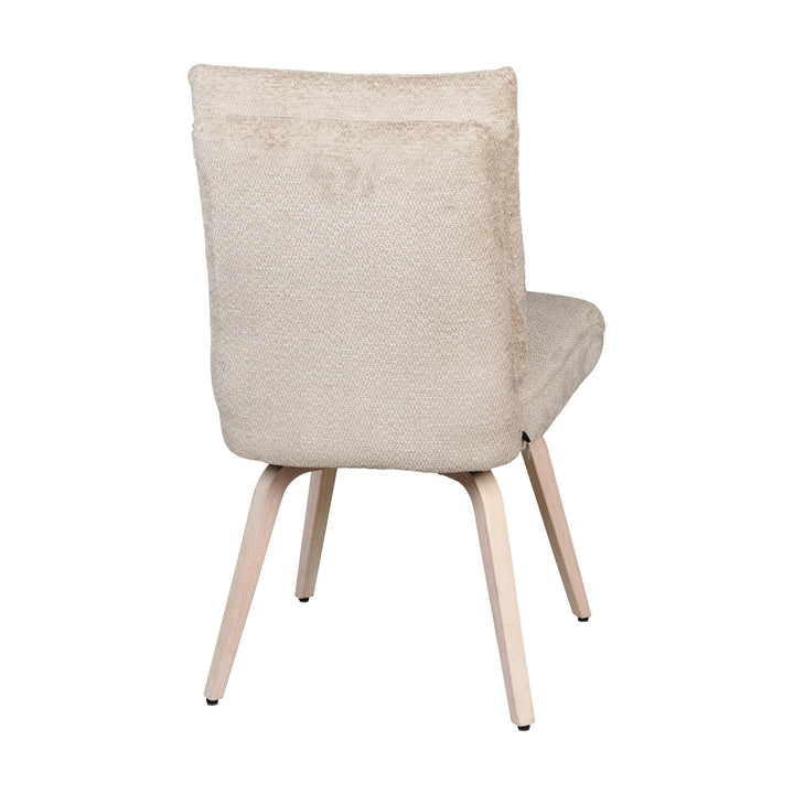 Hjort Knudsen 9267 spisestol i beige chenille, ryggen sett rett bakfra med lyse trebein.