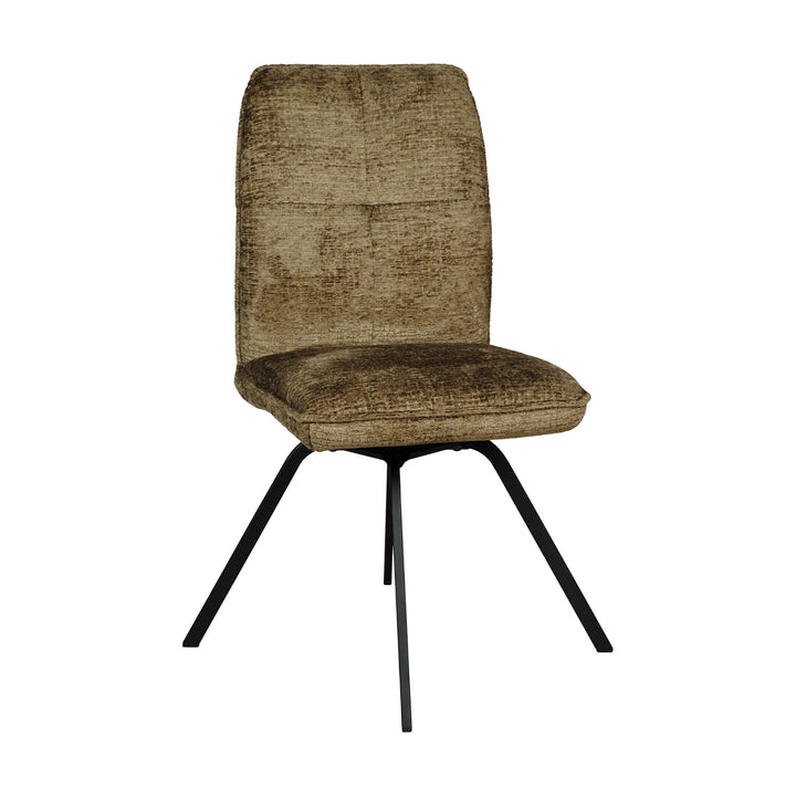 Hjort Knudsen 9228 spisestol i armégrønn chenille med sorte metallbein, sett forfra.