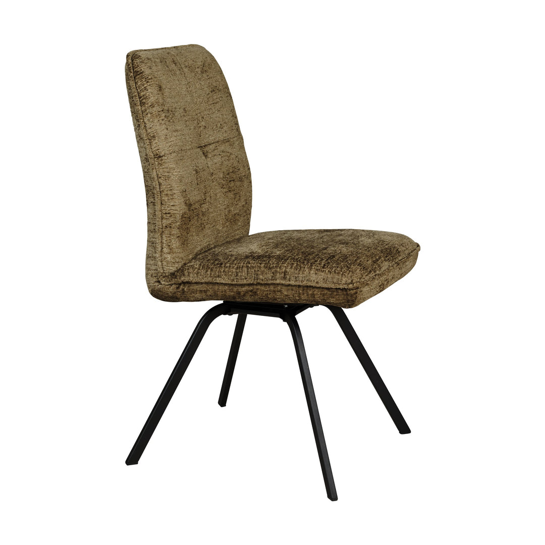 Hjort Knudsen 9228 spisestol i armégrønn chenille med sorte metallbein, skrå frontvinkel.