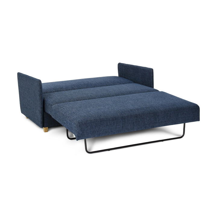 Hovden Smarty sovesofa 2-seter i mørk blå stoff, utslått til seng med sorte metallbein.