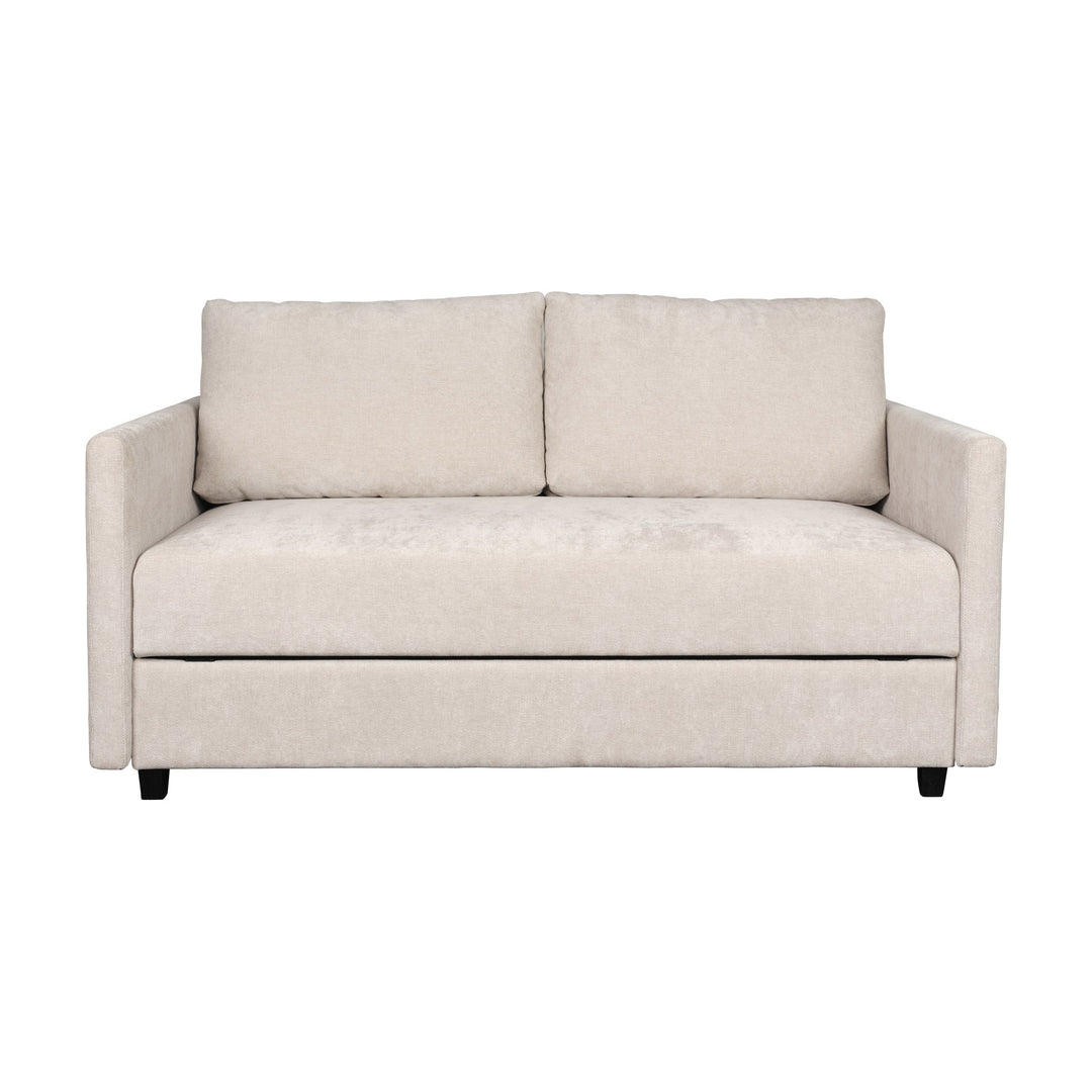 Hovden Smarty sovesofa 2-seter i beige chenille med to ryggputer, sett forfra.