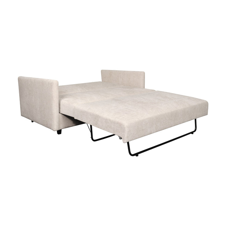 Hovden Smarty sovesofa 2-seter i beige chenille, utslått til seng med sorte metallbein.