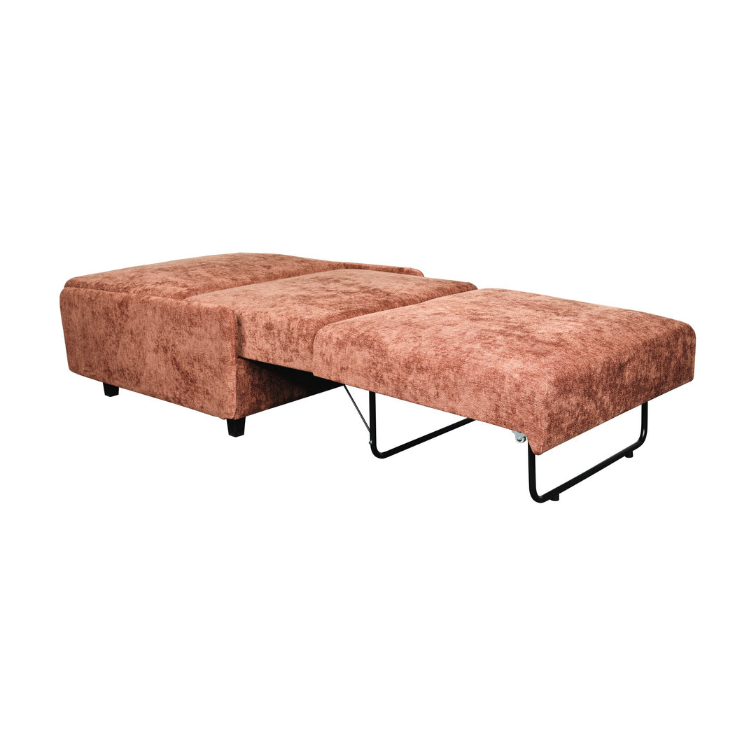 Hovden Smarty sovesofa 1-seter i rustrød chenille, utslått til seng med sorte metallbein.
