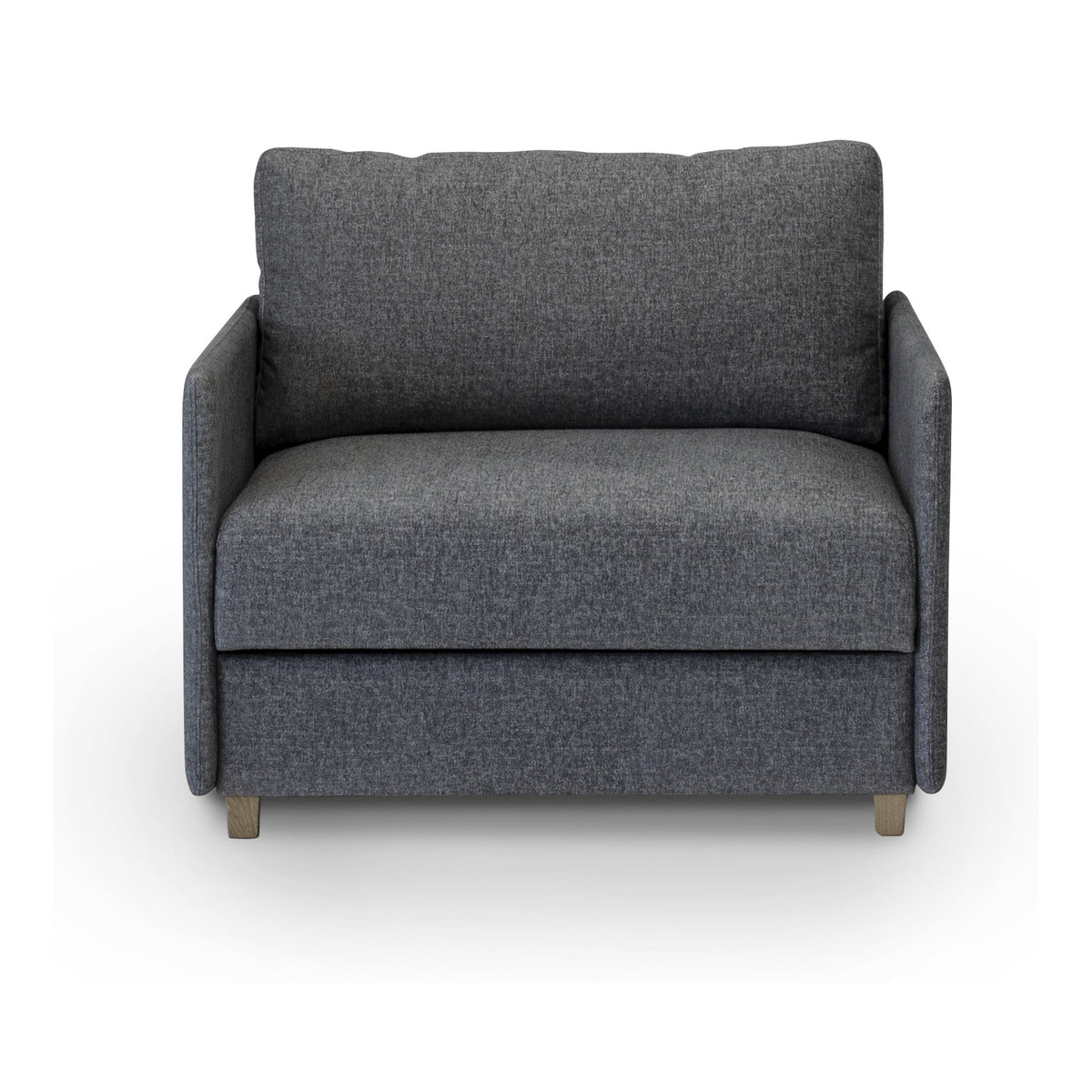 Hovden Smarty sovesofa 1-seter i mørk grå stoff med trebein, sett forfra.