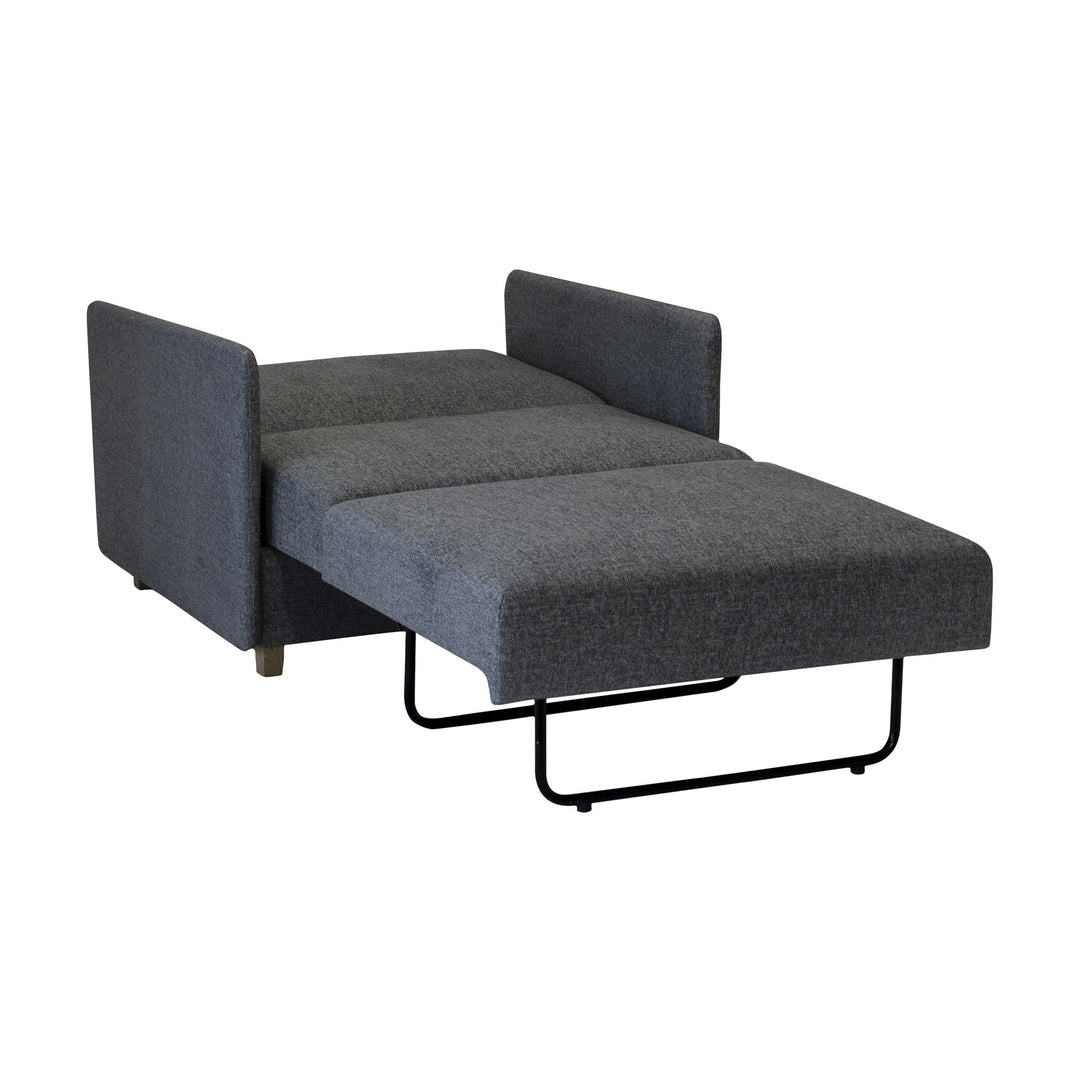 Hovden Smarty sovesofa 1-seter i mørk grå stoff, utslått til seng med sorte metallbein.