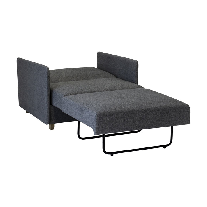 Hovden Smarty sovesofa 1-seter i mørk grå stoff, utslått til seng med sorte metallbein.