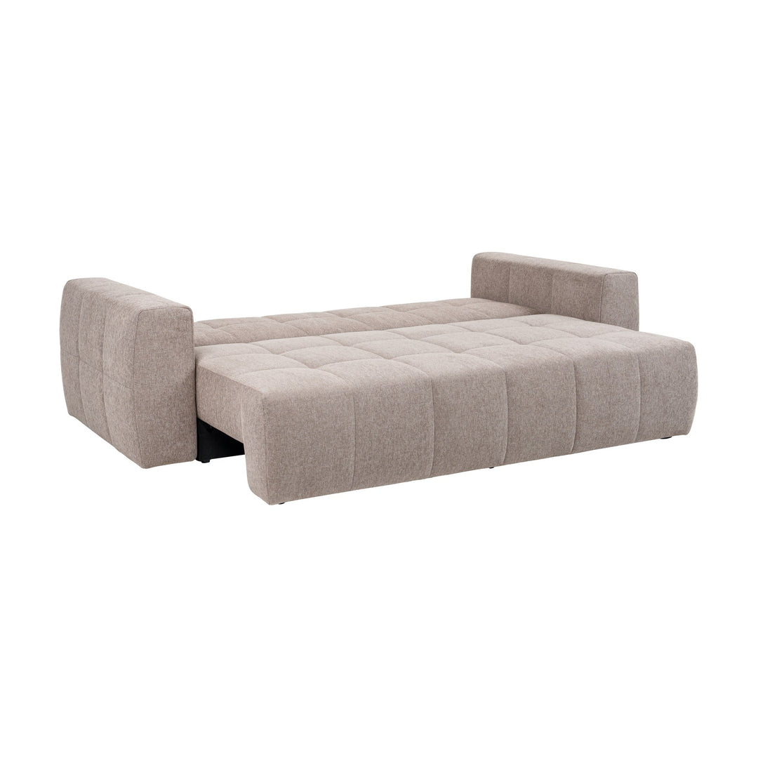 Hovden Fantasy sovesofa i varm beige rutevattert stoff, utslått til seng, sett fra siden.