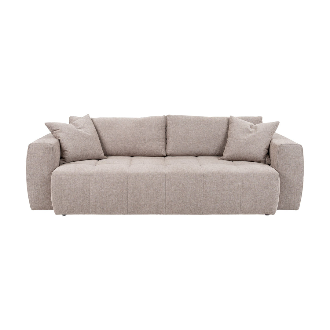 Hovden Fantasy sovesofa i varm beige rutevattert stoff med to pynteputer, sett forfra.