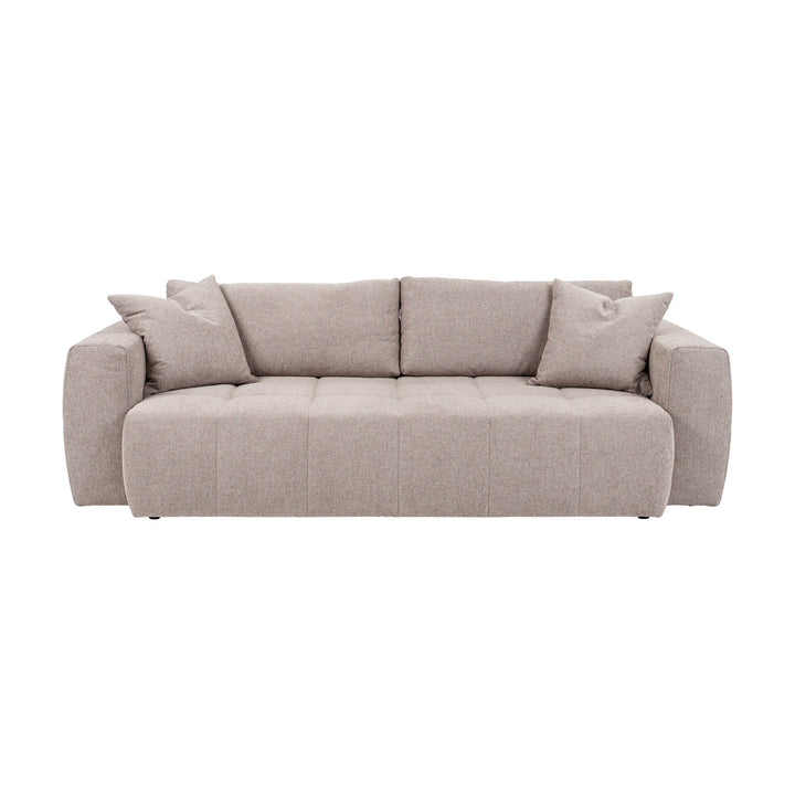 Hovden Fantasy sovesofa i varm beige rutevattert stoff med to pynteputer, sett forfra.