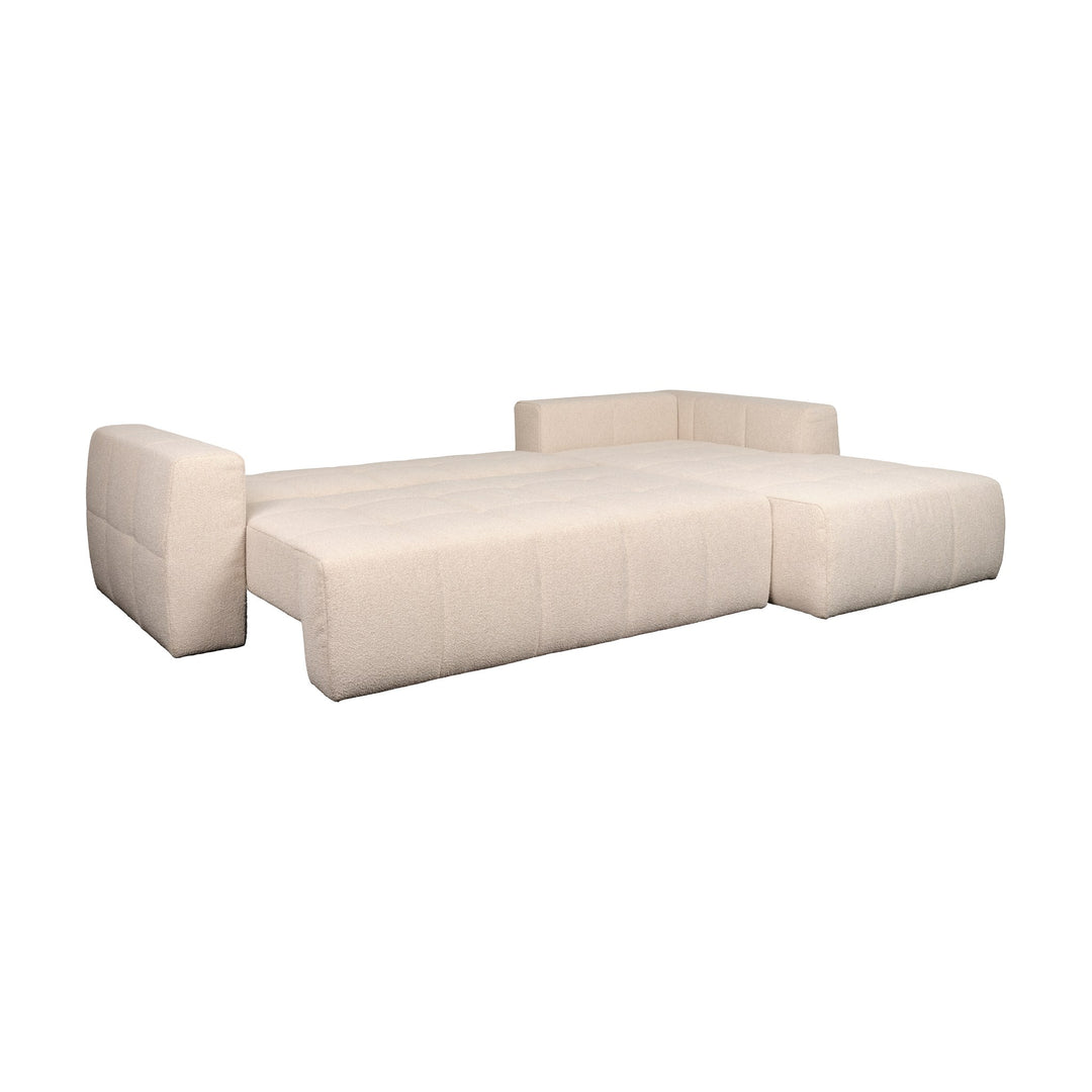 Hovden Fantasy sovesofa i beige bouclé, utslått til seng med sjeselong.