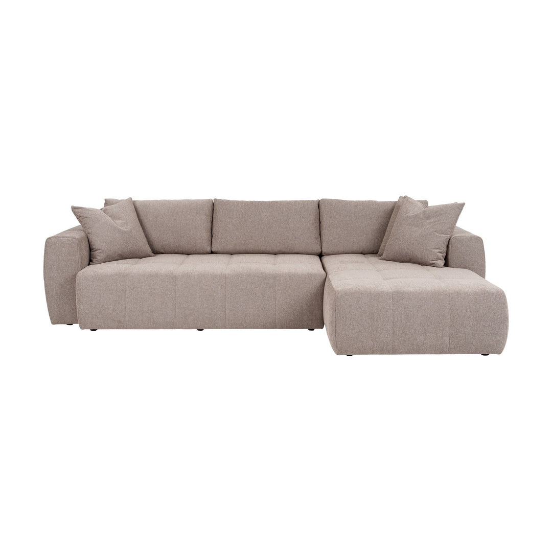 Hovden Fantasy sovesofa i gråbeige med sjeselong høyre, sett forfra mot hvit bakgrunn.