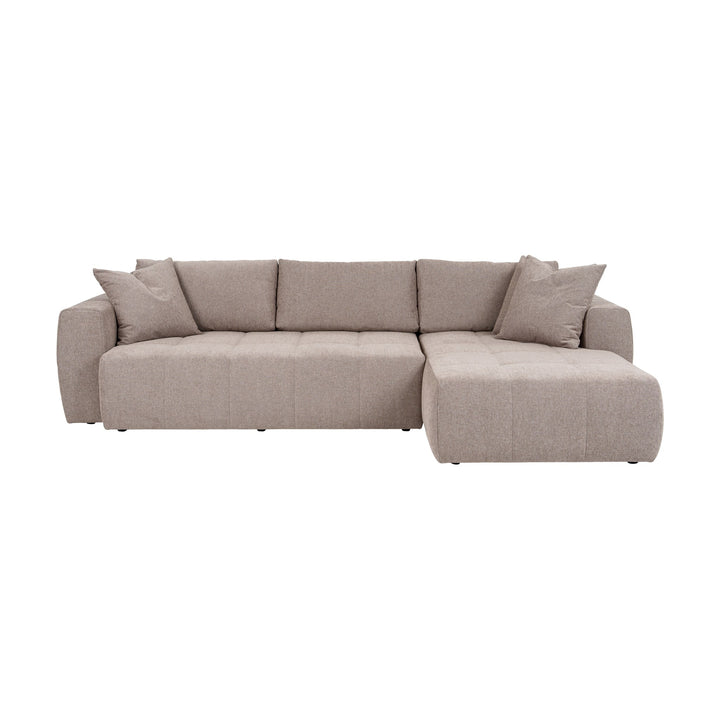 Hovden Fantasy sovesofa i gråbeige med sjeselong høyre, sett forfra mot hvit bakgrunn.