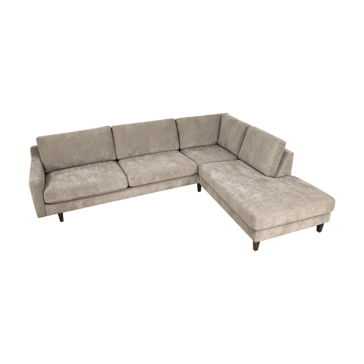 Scandinavian Touch hjørnesofa i gråbeige med sjeselong høyre og mørke treben.