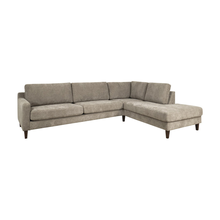 Scandinavian Touch hjørnesofa i gråbeige, sett skrått forfra med mørke treben.