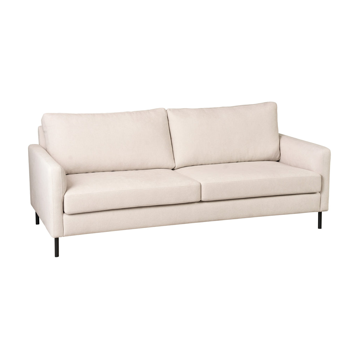 Hovden Como 3-seter sofa i kremhvit stoff med sorte metallben, sett forfra mot hvit bakgrunn
