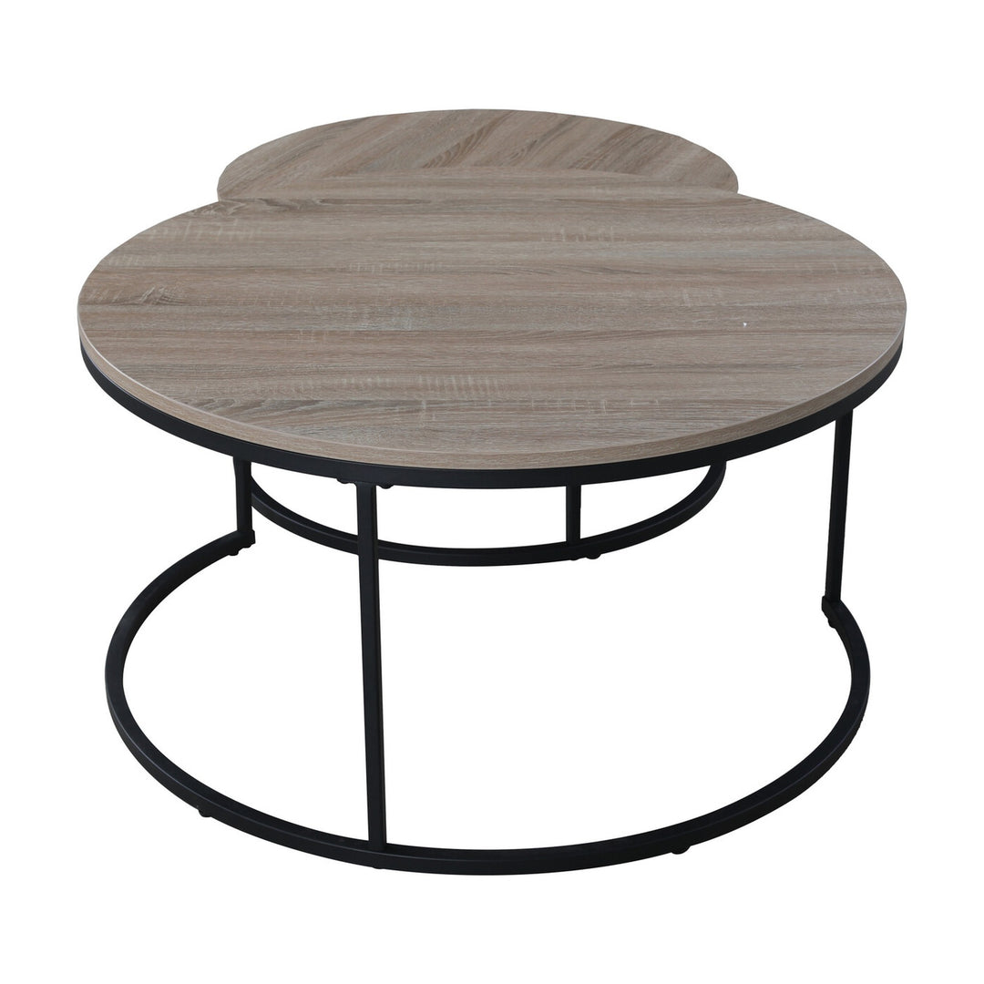 Fano sofabord, to runde settbord med lys eikemelamin plate og sort metallramme, ovenfra