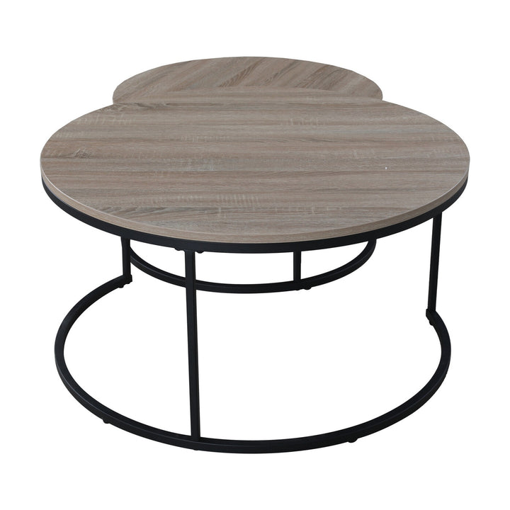 Fano sofabord, to runde settbord med lys eikemelamin plate og sort metallramme, ovenfra