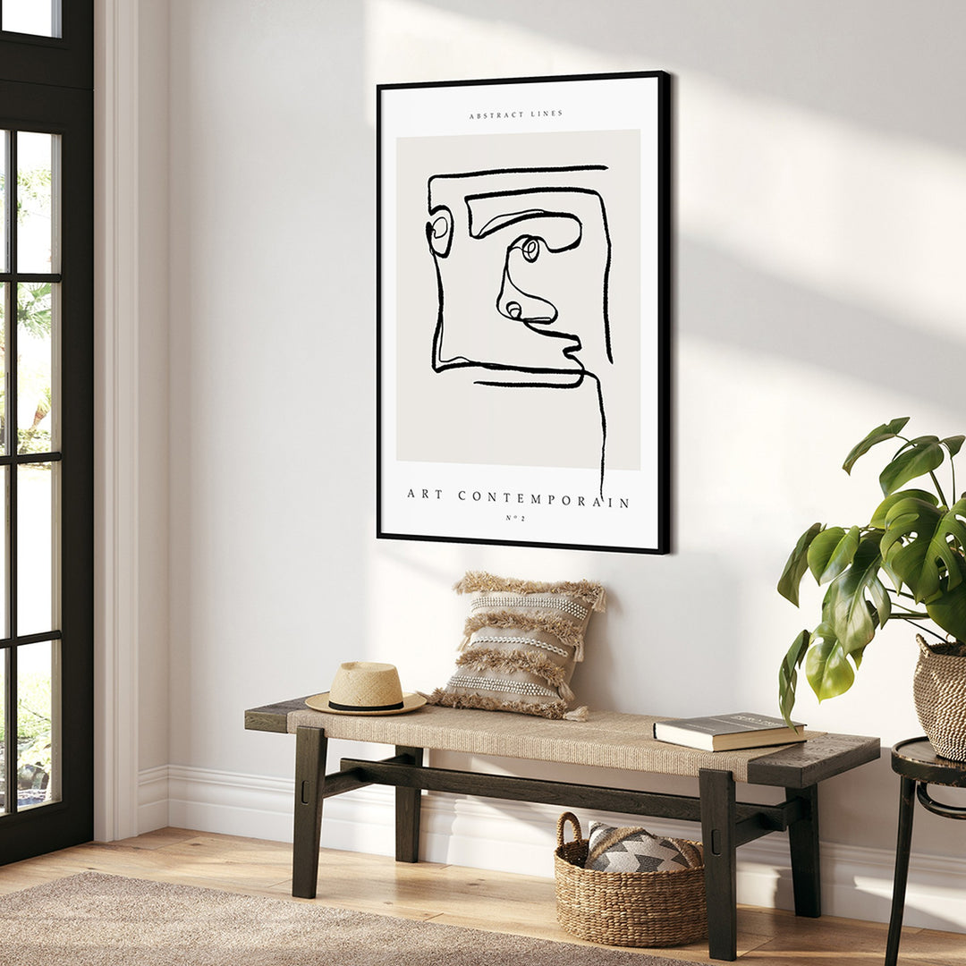 Poster Board Art Contemporain 2 med sort strektegning av ansikt, over benk med pute