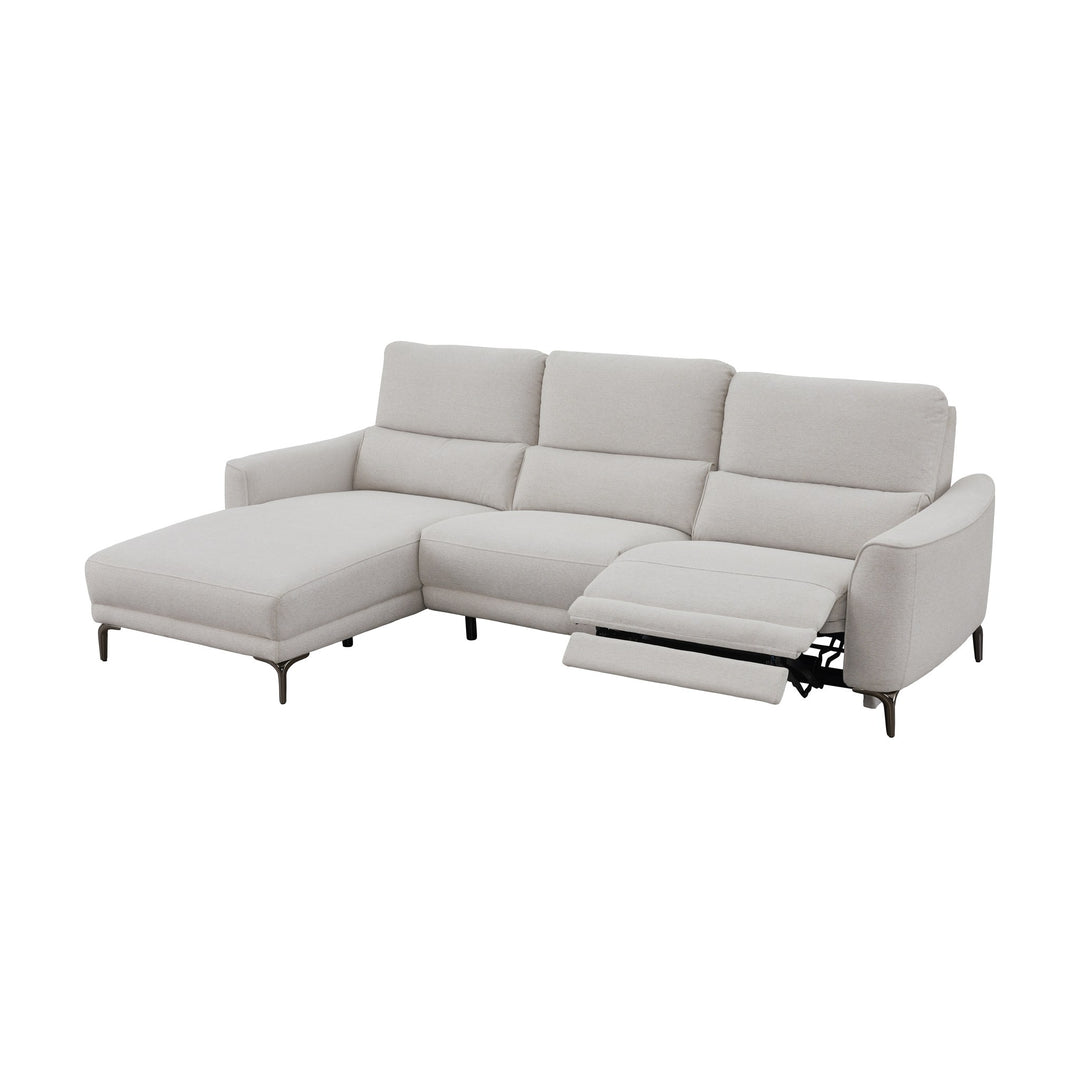Nice sjeselongsofa i lys beige stoff med elektrisk recliner og metallben