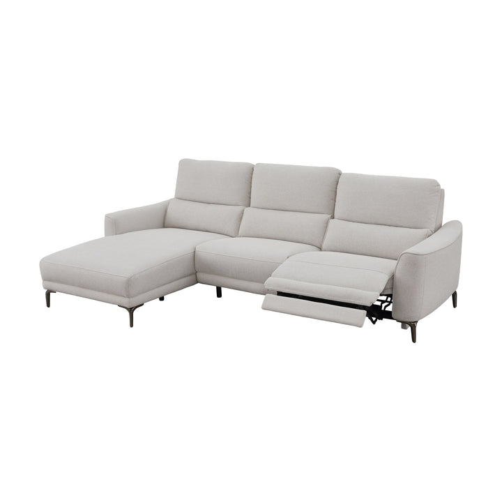 Nice sjeselongsofa i lys beige stoff med elektrisk recliner og metallben