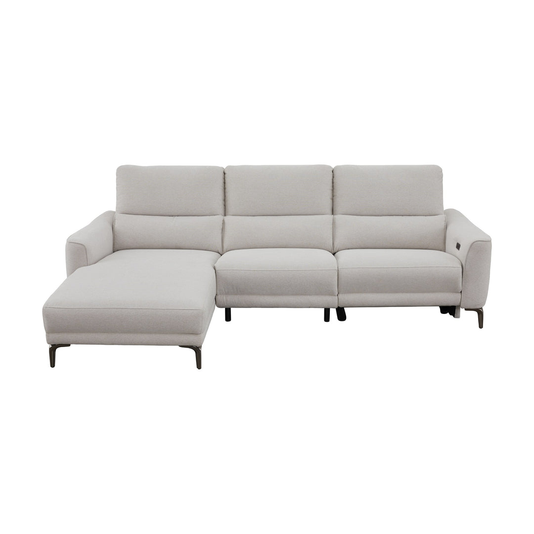 Nice sjeselongsofa i lys beige stoff med elektrisk recliner og metallben