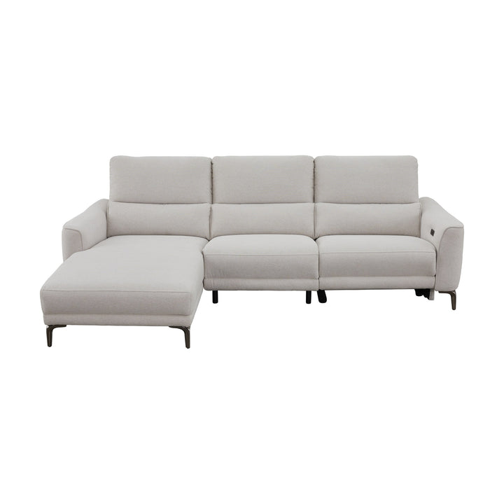 Nice sjeselongsofa i lys beige stoff med elektrisk recliner og metallben