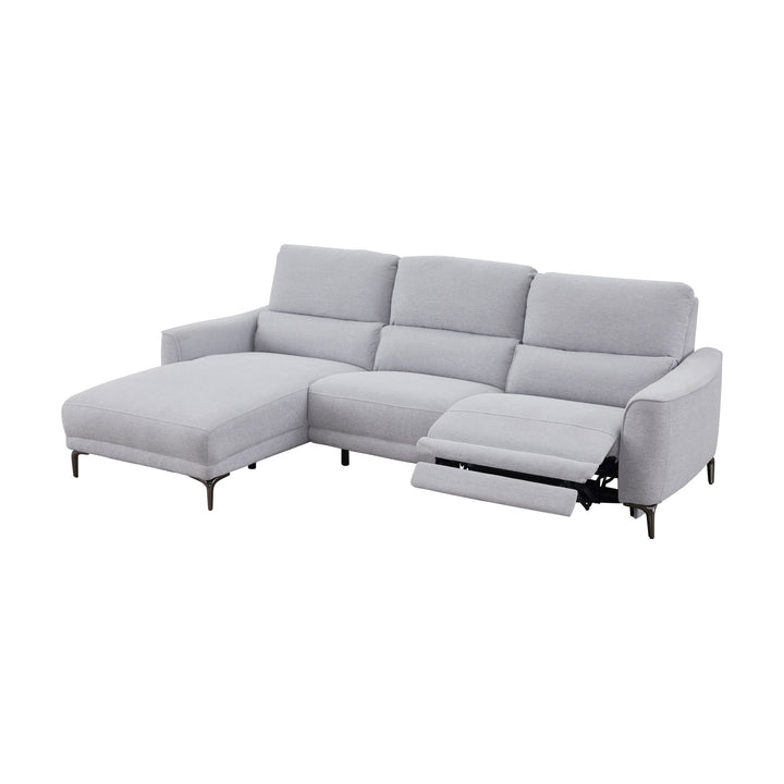 Nice sjeselongsofa i lys grå stoff med elektrisk recliner og metallben