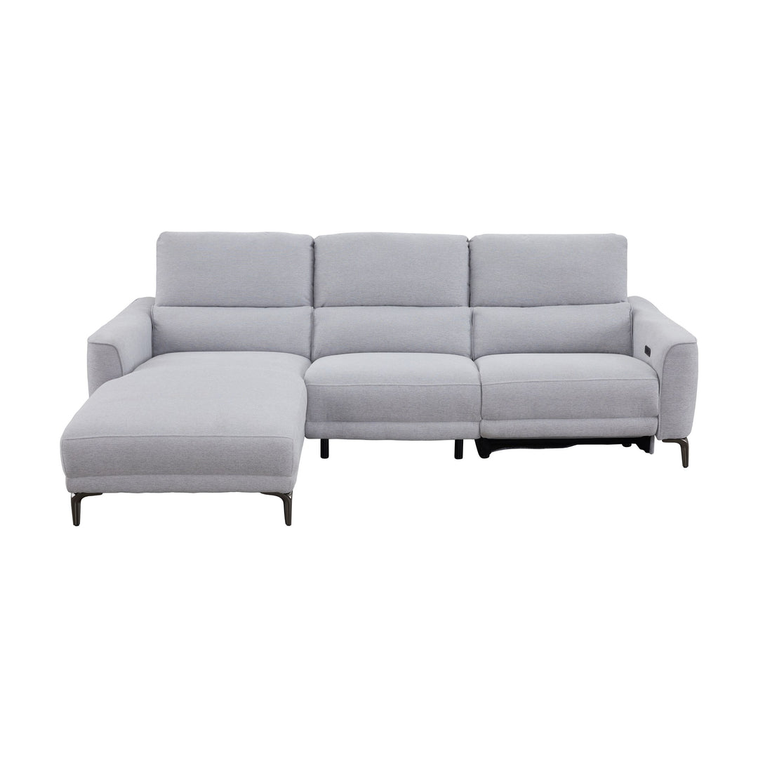 Nice sjeselongsofa i lys grå stoff med elektrisk recliner og metallben
