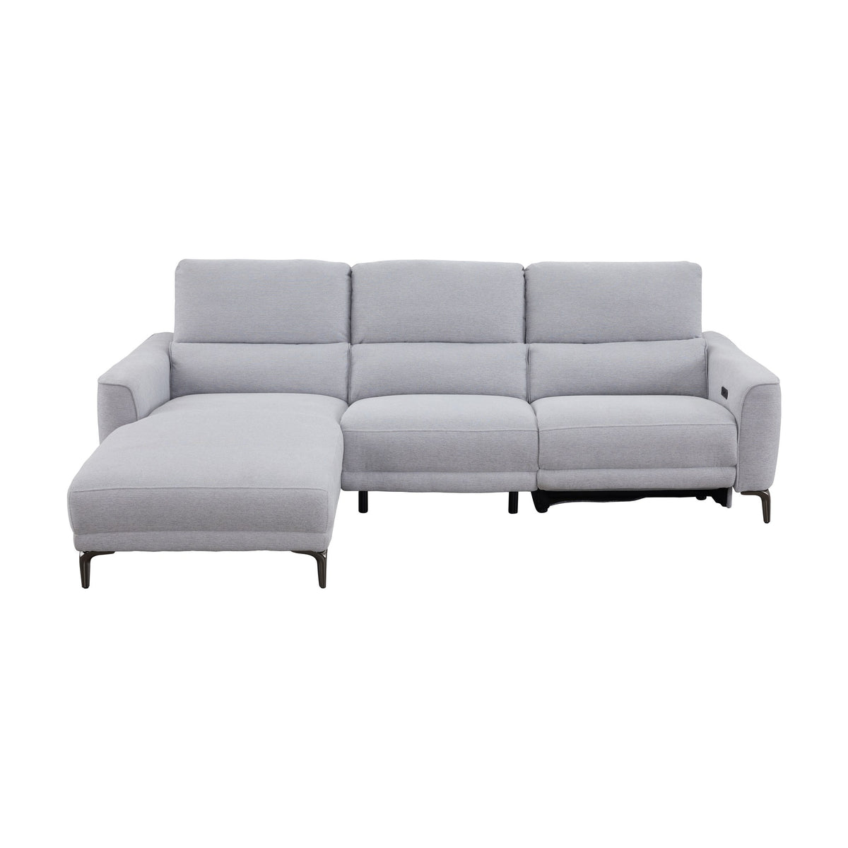 Nice sjeselongsofa i lys grå stoff med elektrisk recliner og metallben