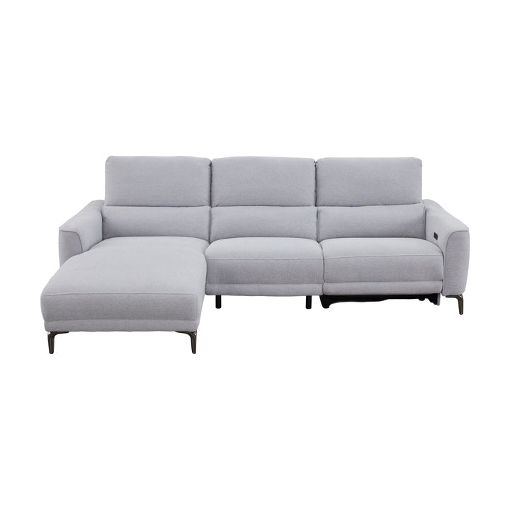 Nice sjeselongsofa i lys grå stoff med elektrisk recliner og metallben