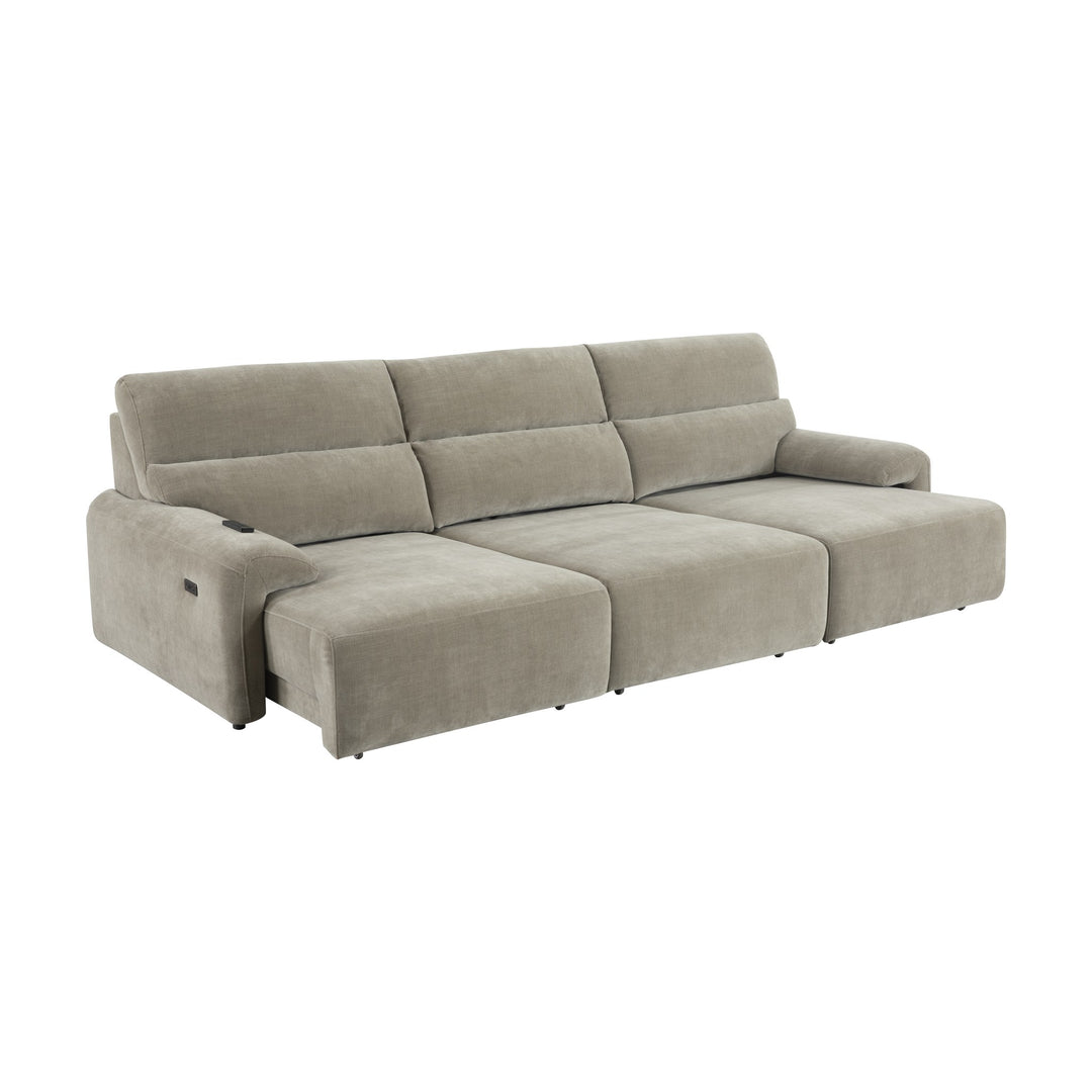 Savona sofa, nærbilde av gråbeige chenillestoff på sete og rygg