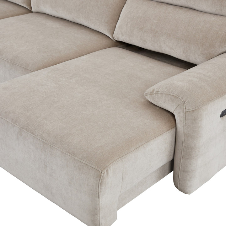 Savona sofa, nærbilde av lys beige chenillestoff på sete og rygg
