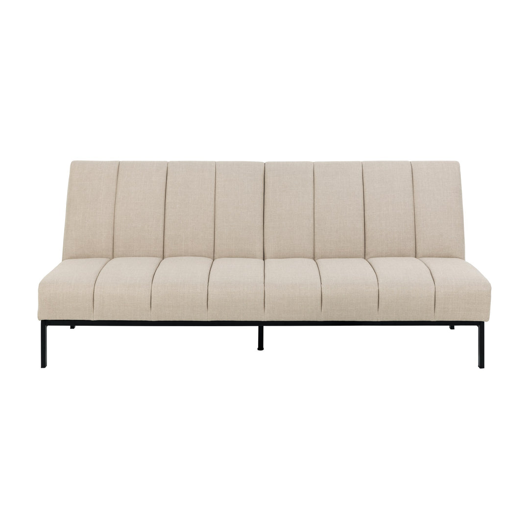 Caix sovesofa i beige stoff med vertikal kanaltrekk og svarte metallben, sett forfra