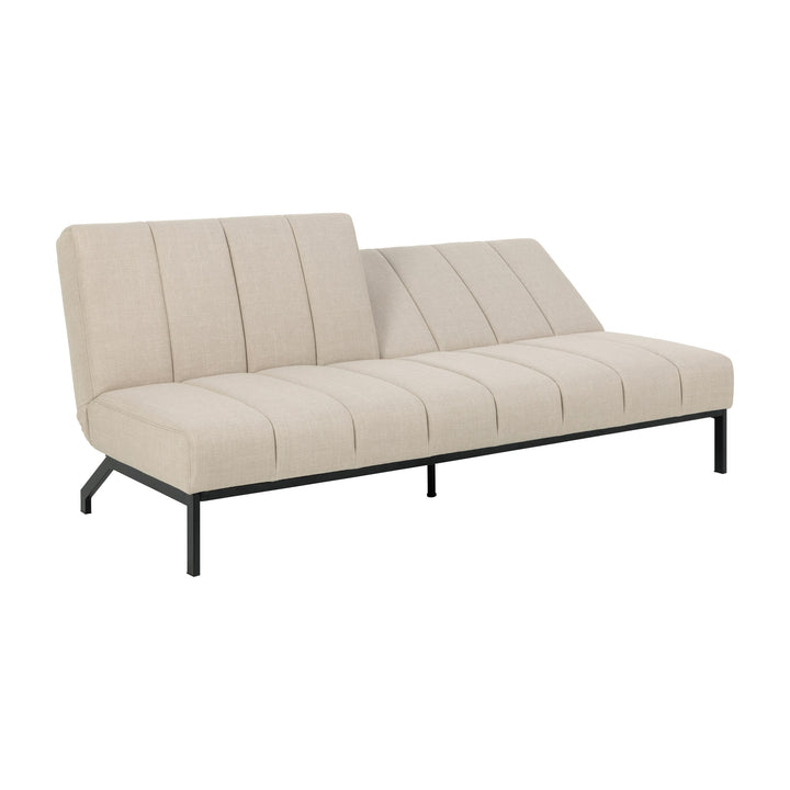 Caix sovesofa i beige stoff med svarte metallben, sett skrått forfra