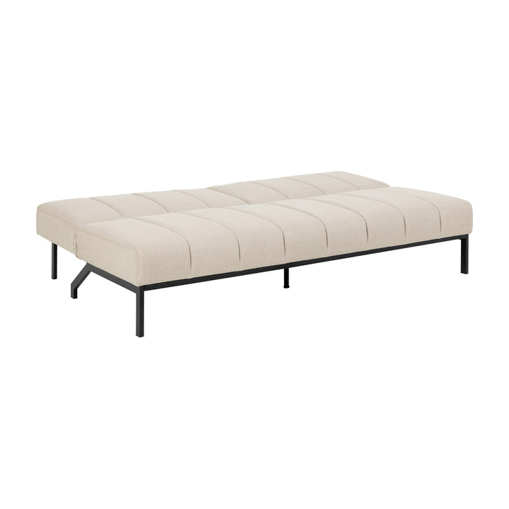 Caix sovesofa i beige stoff utslått til seng, med svarte metallben