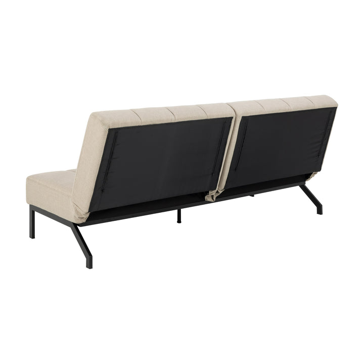 Caix sovesofa i beige stoff lagt helt flatt som seng på svart ramme