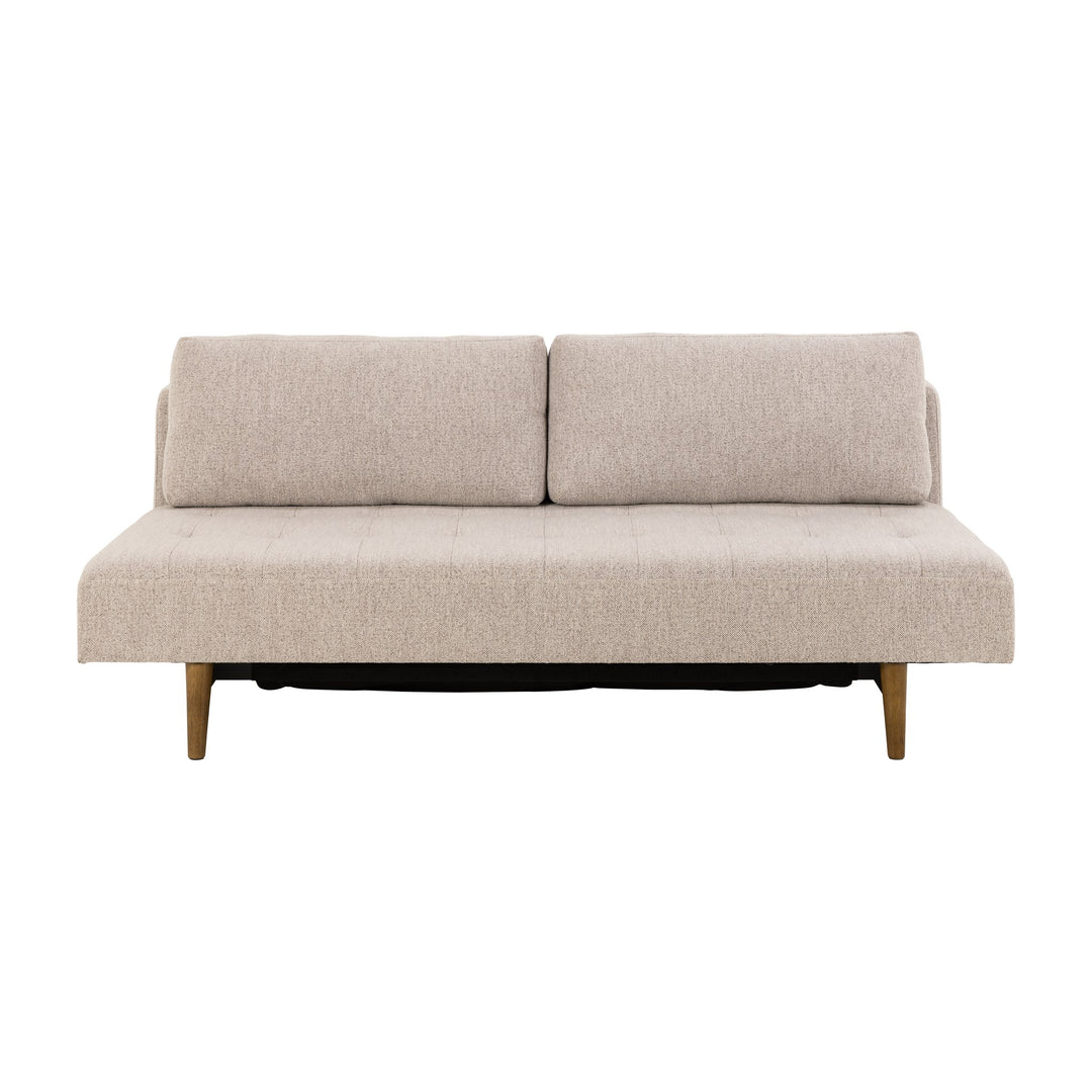Blain sovesofa i beige bouclé med to ryggputer og koniske treben, sett forfra