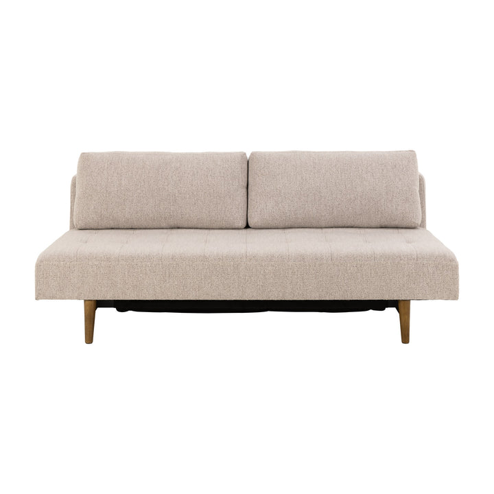Blain sovesofa i beige bouclé med to ryggputer og koniske treben, sett forfra