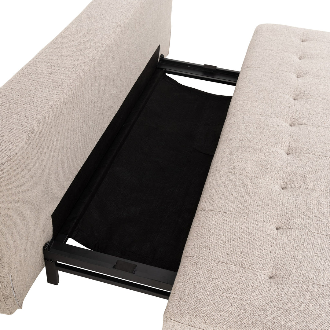 Blain sovesofa i beige bouclé med åpent oppbevaringsrom under setet