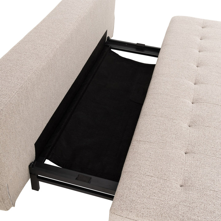 Blain sovesofa i beige bouclé med åpent oppbevaringsrom under setet