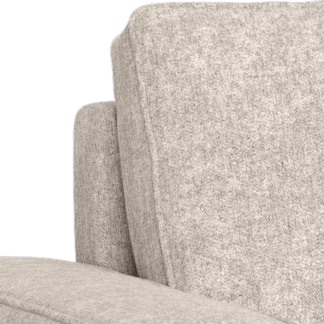 Vento sovesofa i beige chenille, nærbilde av ryggpute og brede armlene