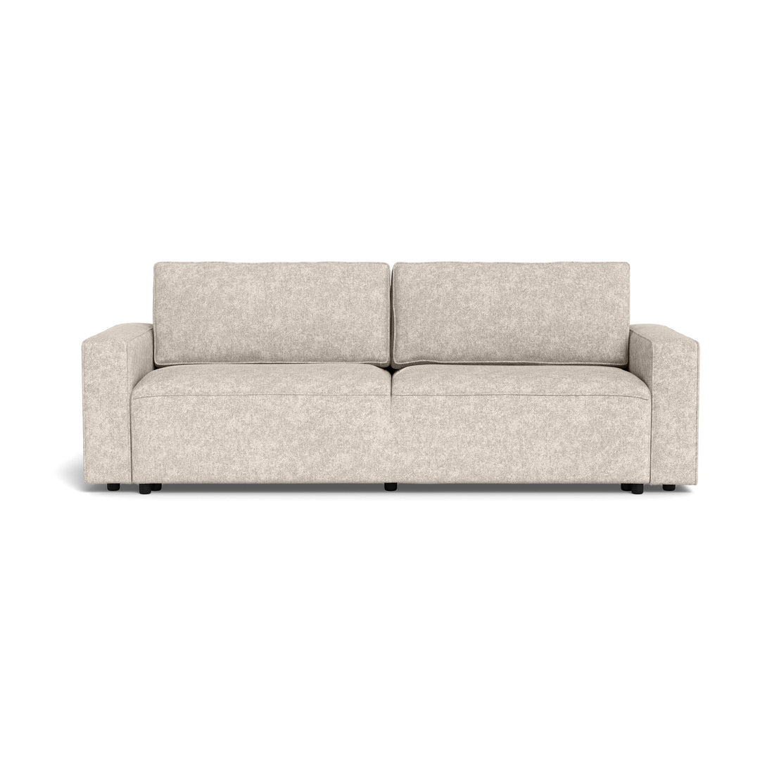 Vento sovesofa i beige chenille med brede armlener og to ryggputer, sett forfra