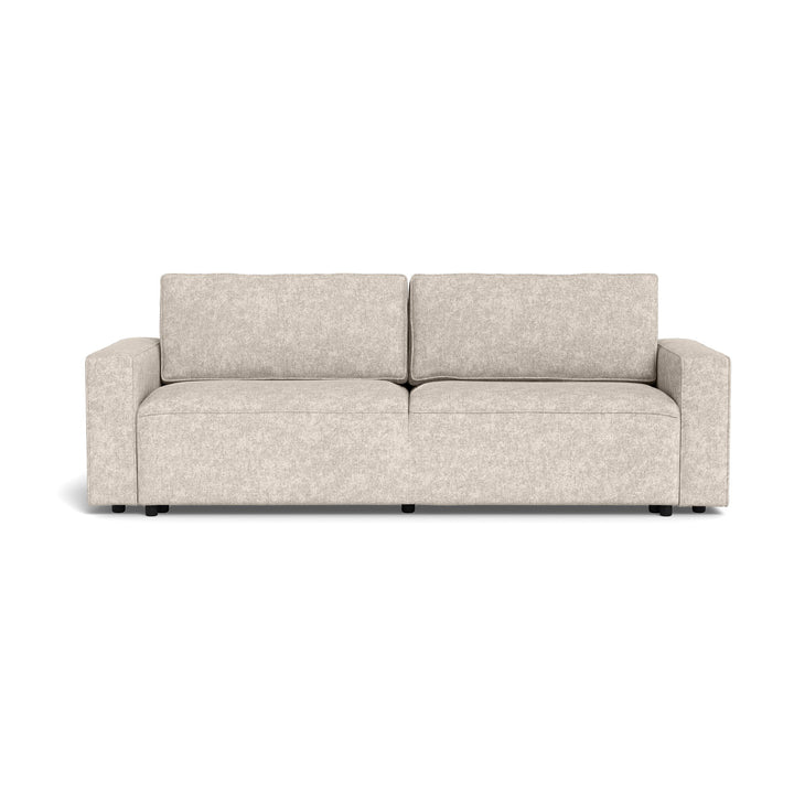 Vento sovesofa i beige chenille med brede armlener og to ryggputer, sett forfra