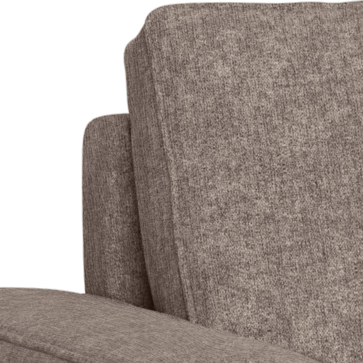 Vento sovesofa i gråbrun chenille, nærbilde av ryggpute og brede armlene