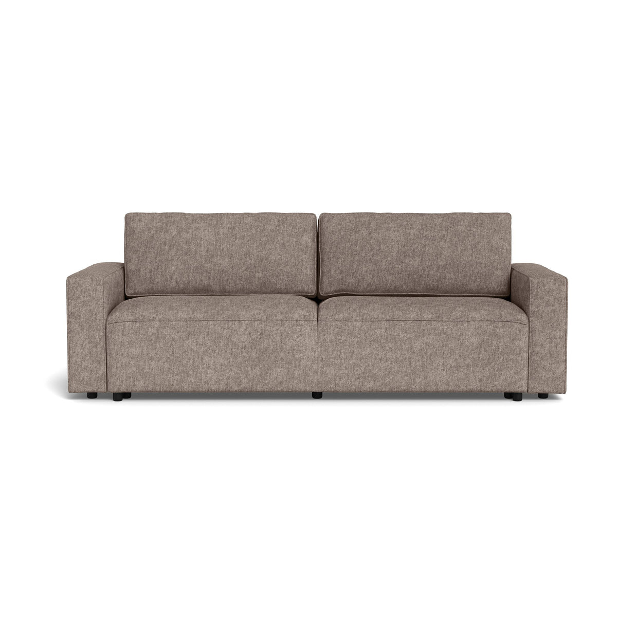 Vento sovesofa i gråbrun chenille med brede armlener og to ryggputer, sett forfra