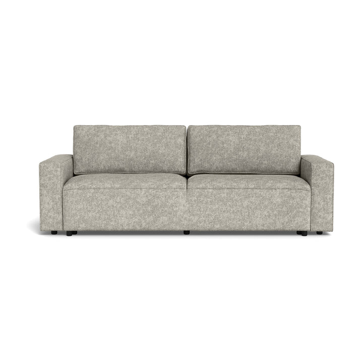 Vento sovesofa i lys grå chenille, sett forfra mot hvit bakgrunn