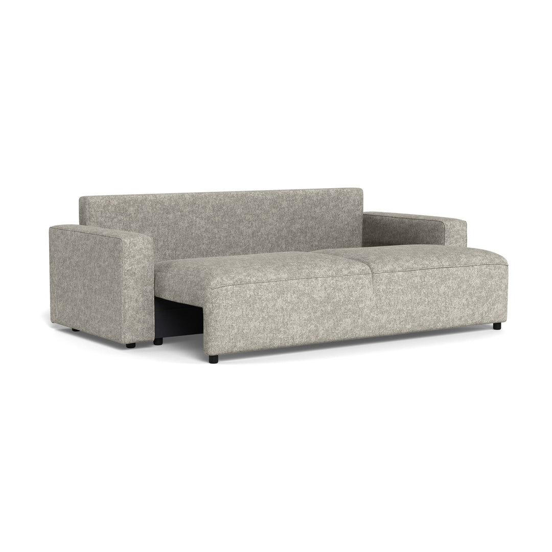 Vento sovesofa i lys grå chenille, delvis utfelt, sett skrått forfra