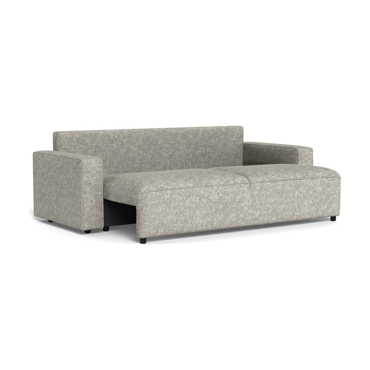 Vento sovesofa i lys grå chenille, delvis utfelt, sett skrått forfra