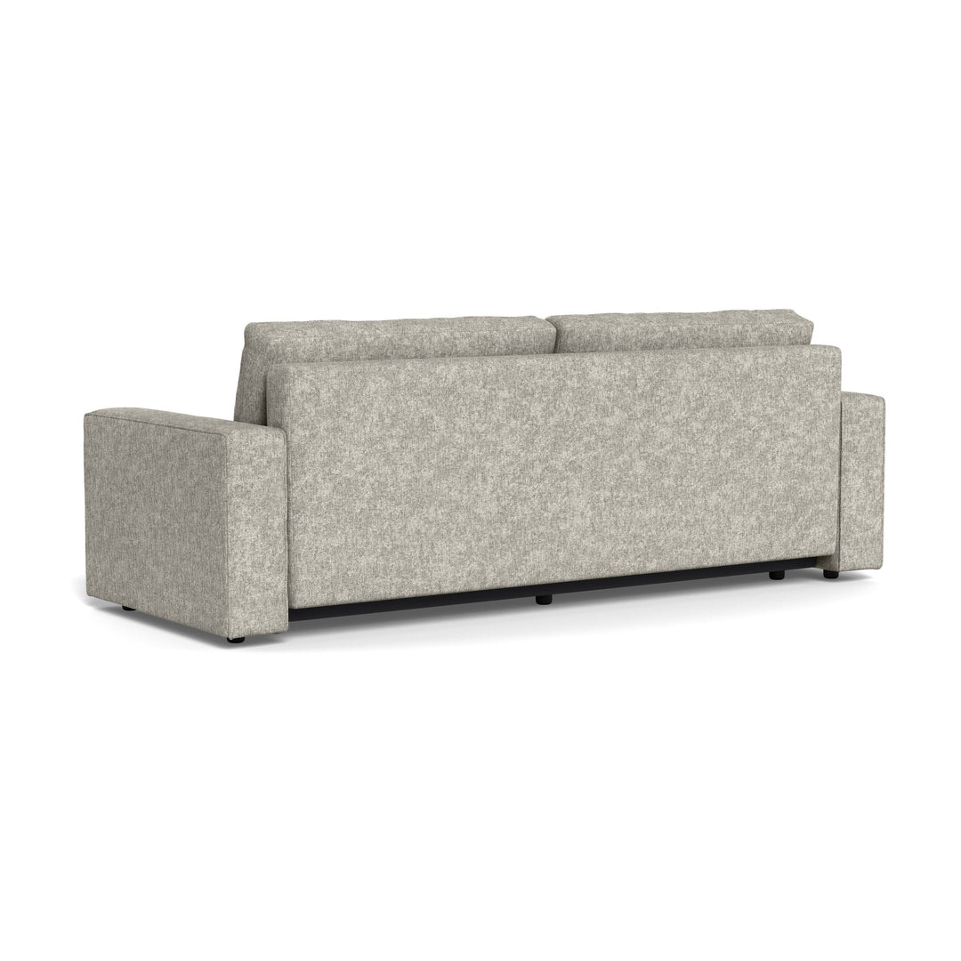 Vento sovesofa i lys grå chenille, sett fra siden og bak mot hvit bakgrunn